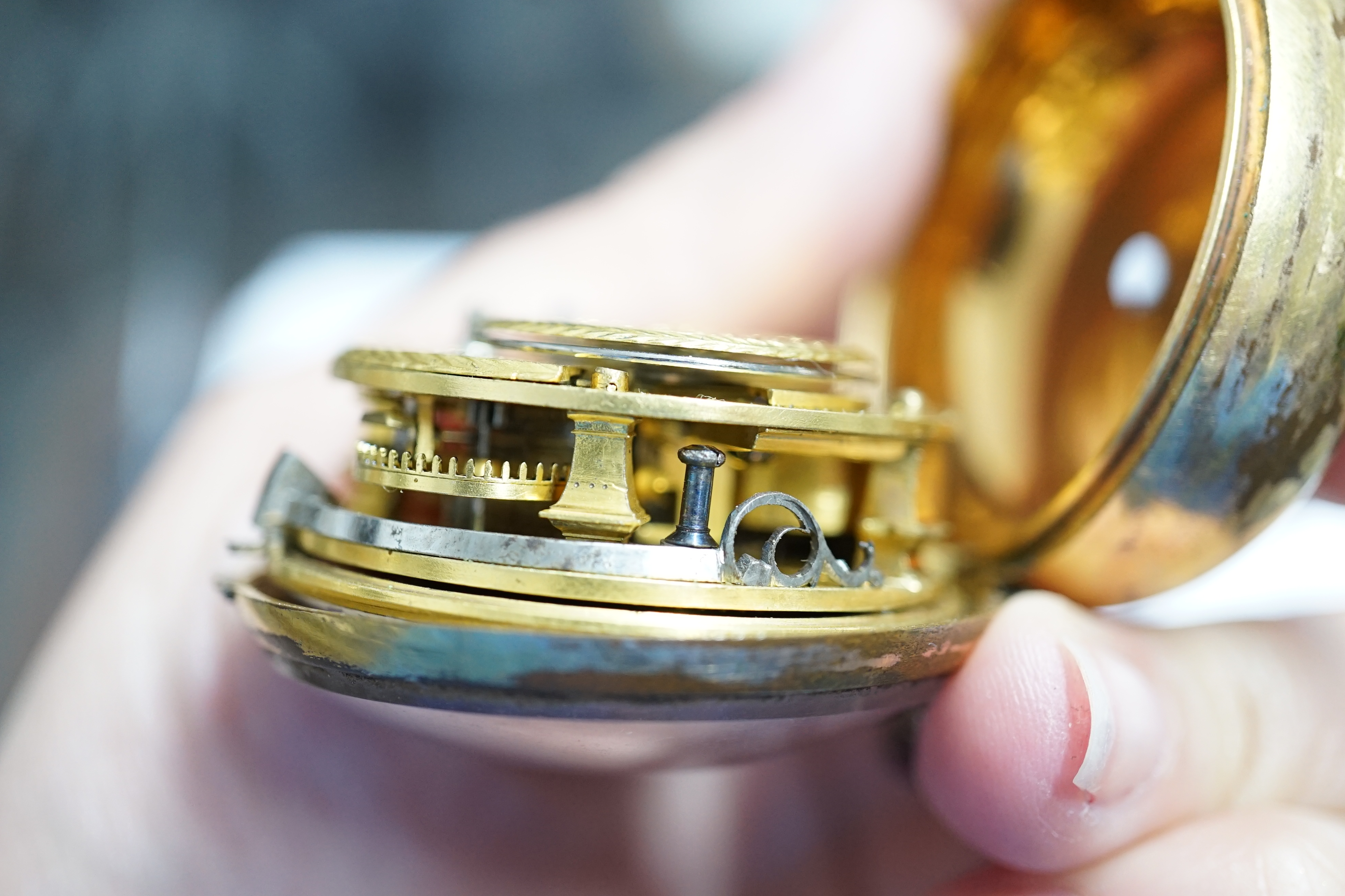 A George III pair cased gold plated pocket watch, with a green stained tortoiseshell outer case, by William Hope, London